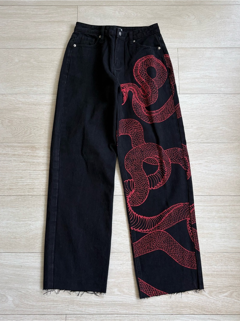 I.AM.GIA Black Wide-Leg Jeans with Red Snake Graphic